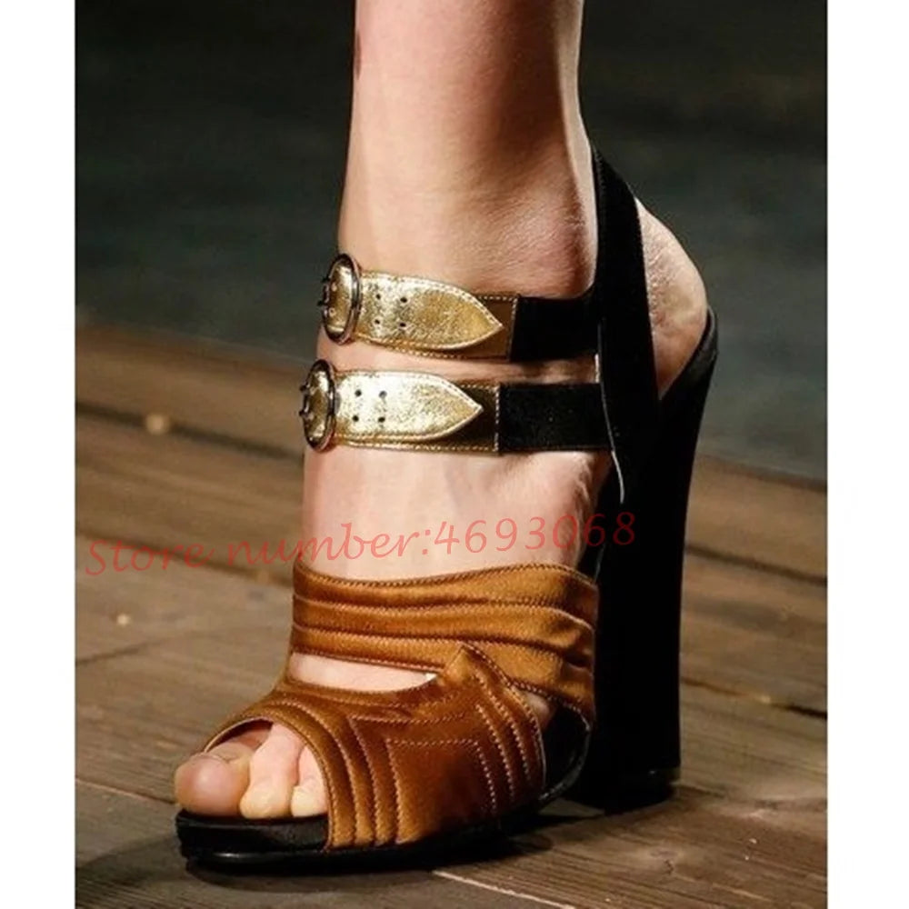 MlutiColors Sandals Catwalk Shoes Chunky Heels Vacation Female High Heels Splicing Open Toe Buckle Strap Sexy Banquet Sandals