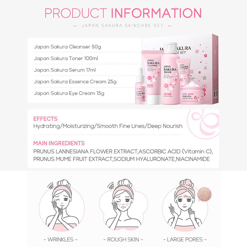 Facial Skin Care Set Skin Cleaning Sakura Skincare Set For Women Girls With Cleanser Toner Face Serum Cream Eye Cream