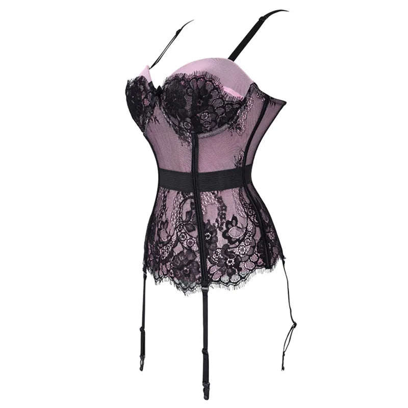 Black Floral Lace Sexy Lingerie Corset Push Up Bustier Straps Women Sleepwear Nightwear Chemise Underwear With Suspenders