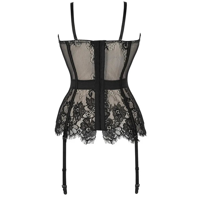 Black Floral Lace Sexy Lingerie Corset Push Up Bustier Straps Women Sleepwear Nightwear Chemise Underwear With Suspenders