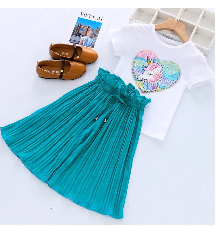 Toddler Girls Clothing Sets 2024 Summer Girls Clothes Unicorn Sequins Chiffon Pant Sets Kids Trascksuit Outfit Children Clothing