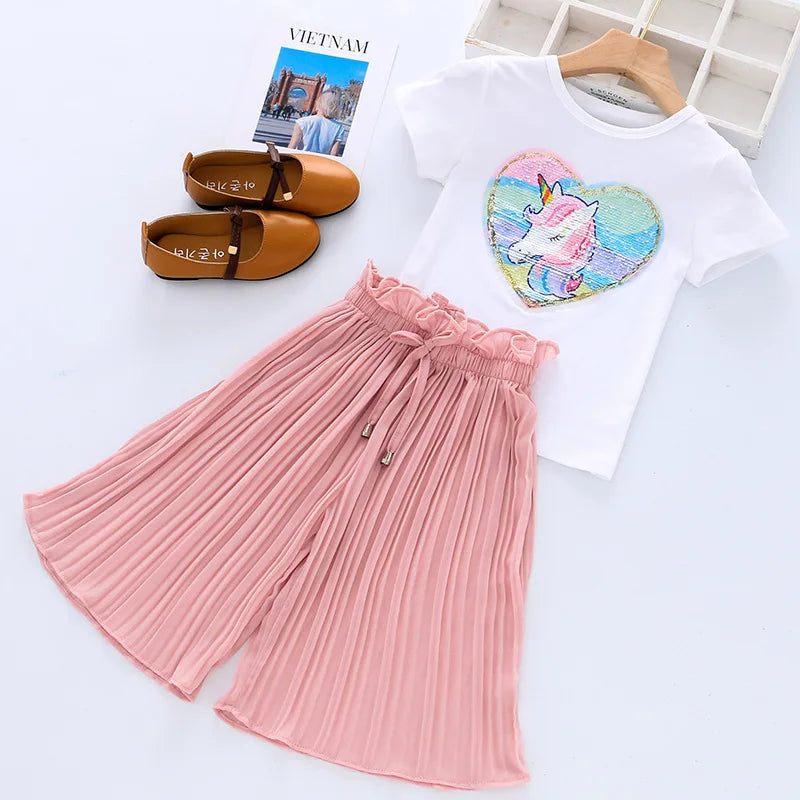 Toddler Girls Clothing Sets 2024 Summer Girls Clothes Unicorn Sequins Chiffon Pant Sets Kids Trascksuit Outfit Children Clothing