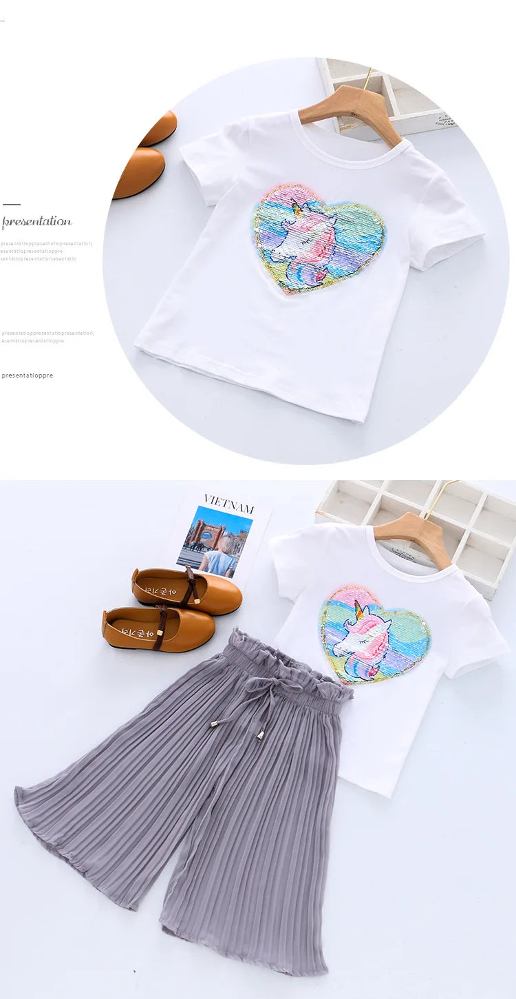 Toddler Girls Clothing Sets 2024 Summer Girls Clothes Unicorn Sequins Chiffon Pant Sets Kids Trascksuit Outfit Children Clothing