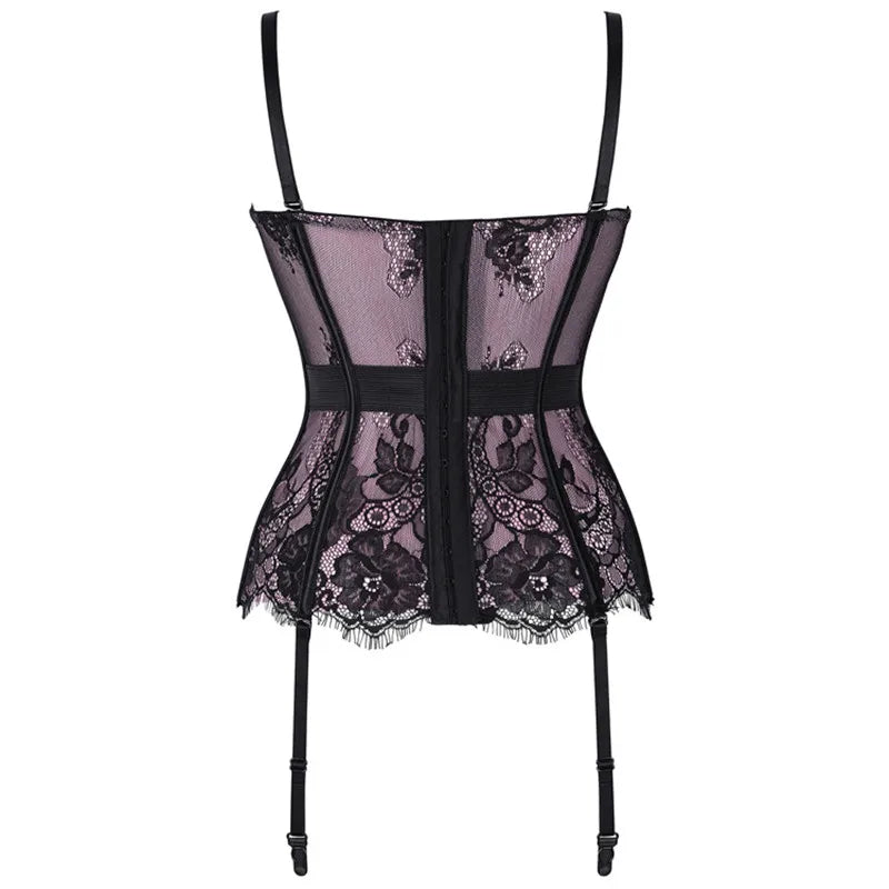 Black Floral Lace Sexy Lingerie Corset Push Up Bustier Straps Women Sleepwear Nightwear Chemise Underwear With Suspenders
