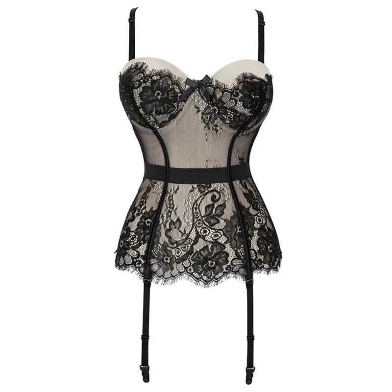 Black Floral Lace Sexy Lingerie Corset Push Up Bustier Straps Women Sleepwear Nightwear Chemise Underwear With Suspenders