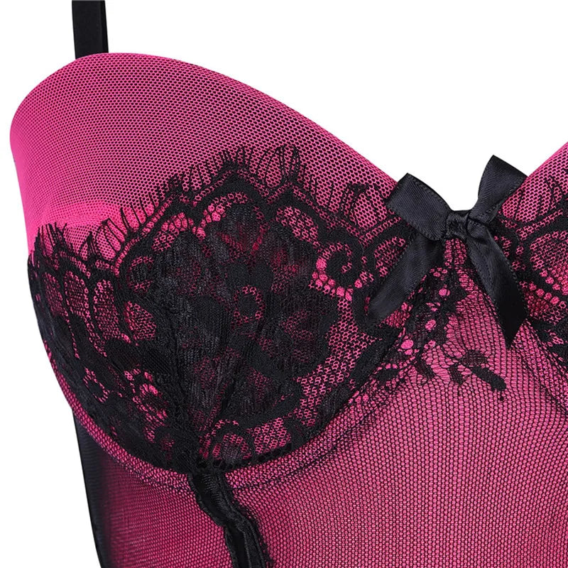 Black Floral Lace Sexy Lingerie Corset Push Up Bustier Straps Women Sleepwear Nightwear Chemise Underwear With Suspenders