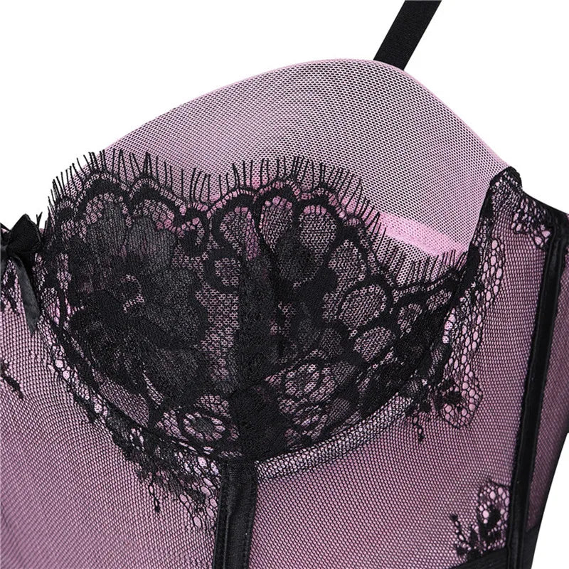 Black Floral Lace Sexy Lingerie Corset Push Up Bustier Straps Women Sleepwear Nightwear Chemise Underwear With Suspenders