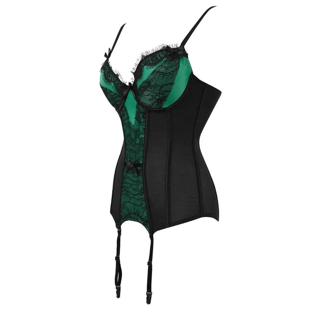 Black Floral Lace Sexy Lingerie Corset Push Up Bustier Straps Women Sleepwear Nightwear Chemise Underwear With Suspenders