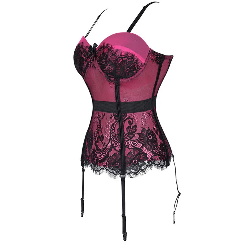 Black Floral Lace Sexy Lingerie Corset Push Up Bustier Straps Women Sleepwear Nightwear Chemise Underwear With Suspenders