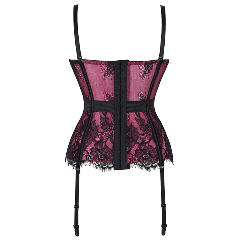 Black Floral Lace Sexy Lingerie Corset Push Up Bustier Straps Women Sleepwear Nightwear Chemise Underwear With Suspenders