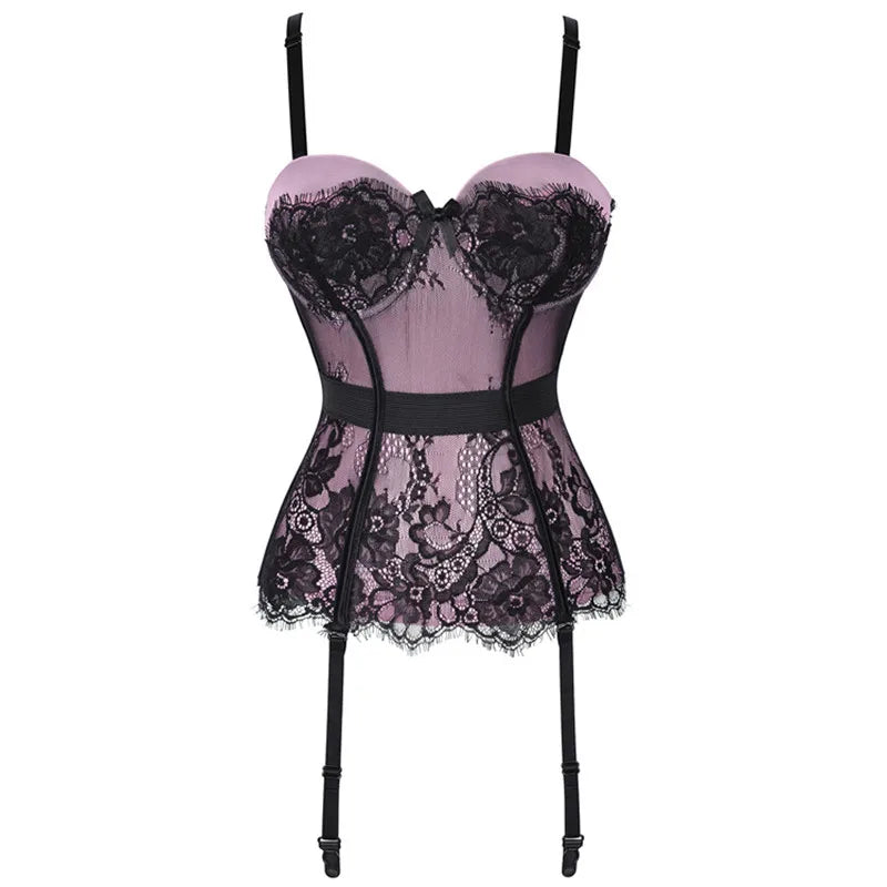Black Floral Lace Sexy Lingerie Corset Push Up Bustier Straps Women Sleepwear Nightwear Chemise Underwear With Suspenders