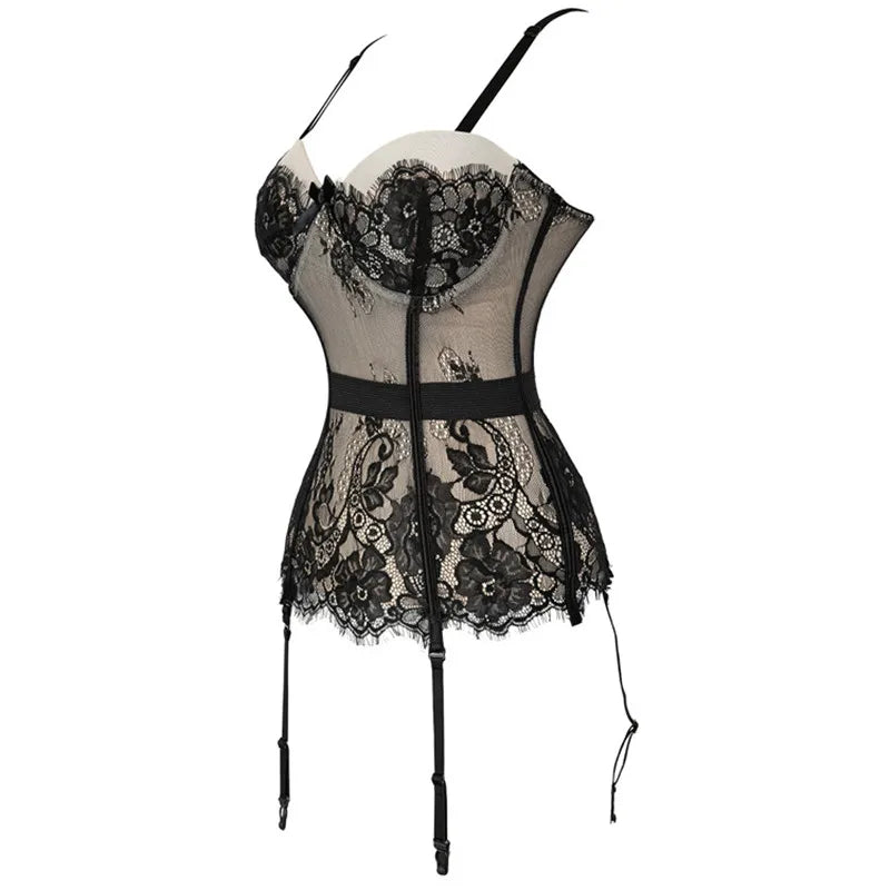 Black Floral Lace Sexy Lingerie Corset Push Up Bustier Straps Women Sleepwear Nightwear Chemise Underwear With Suspenders