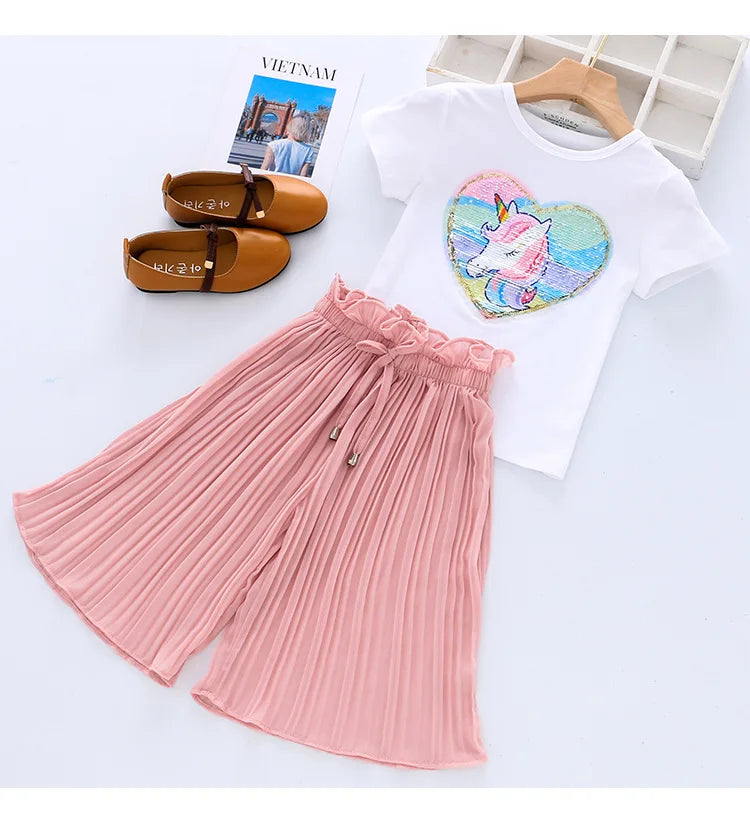 Toddler Girls Clothing Sets 2024 Summer Girls Clothes Unicorn Sequins Chiffon Pant Sets Kids Trascksuit Outfit Children Clothing