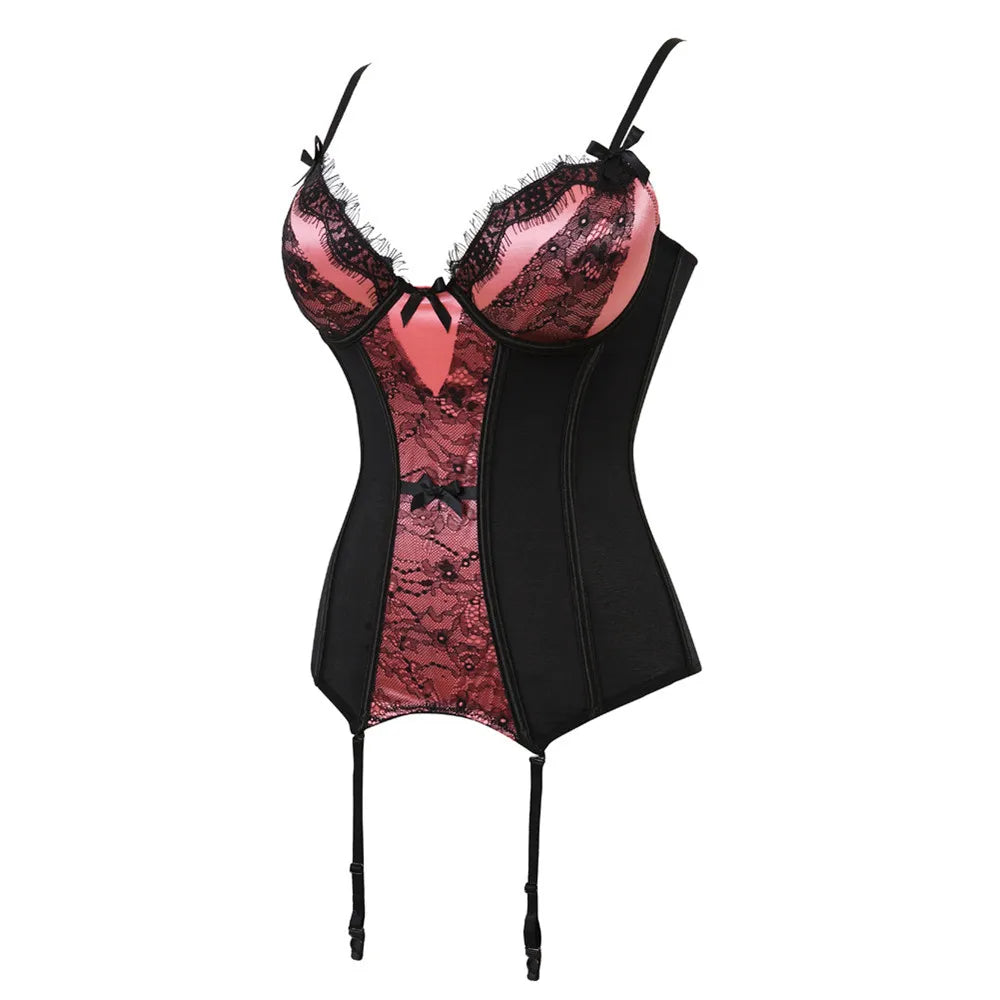 Black Floral Lace Sexy Lingerie Corset Push Up Bustier Straps Women Sleepwear Nightwear Chemise Underwear With Suspenders