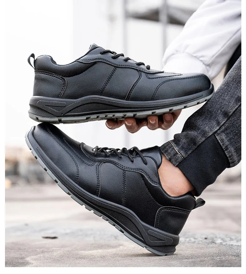 Black Safety Shoes Men Steel Toe Shoes Work Shoes Sneakers Male Anti-puncture Indestructible Security Boots Waterproof Leather