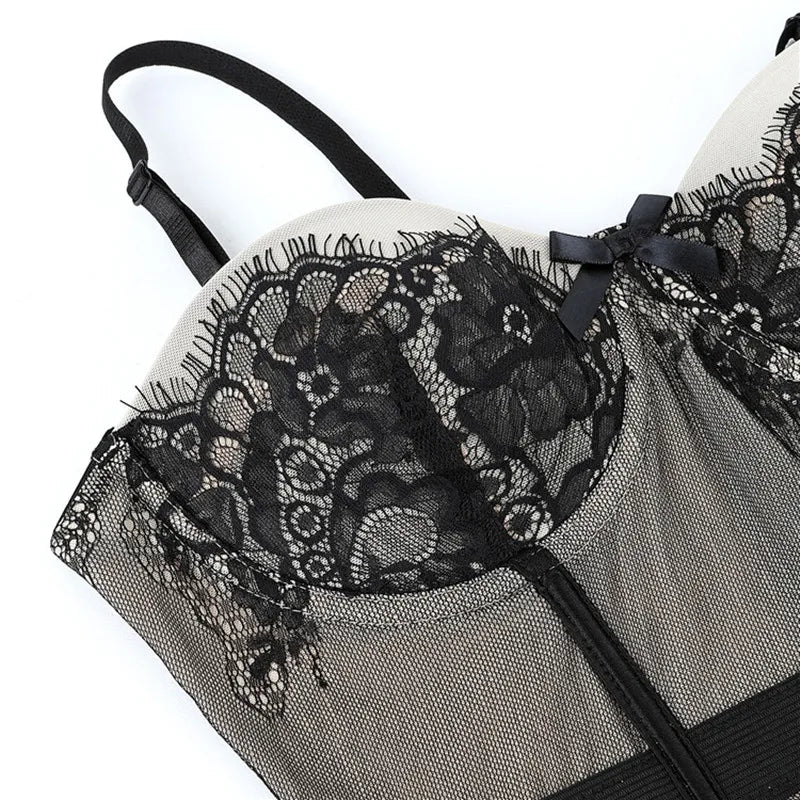 Black Floral Lace Sexy Lingerie Corset Push Up Bustier Straps Women Sleepwear Nightwear Chemise Underwear With Suspenders