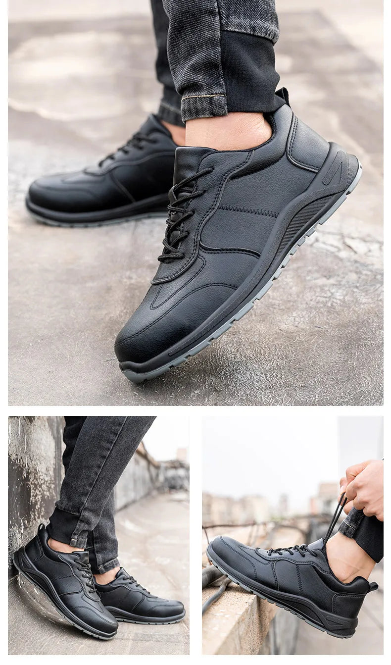 Black Safety Shoes Men Steel Toe Shoes Work Shoes Sneakers Male Anti-puncture Indestructible Security Boots Waterproof Leather