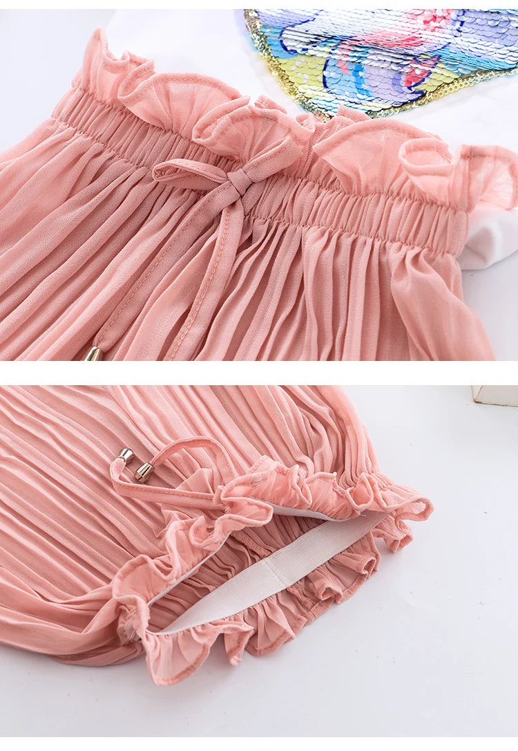Toddler Girls Clothing Sets 2024 Summer Girls Clothes Unicorn Sequins Chiffon Pant Sets Kids Trascksuit Outfit Children Clothing
