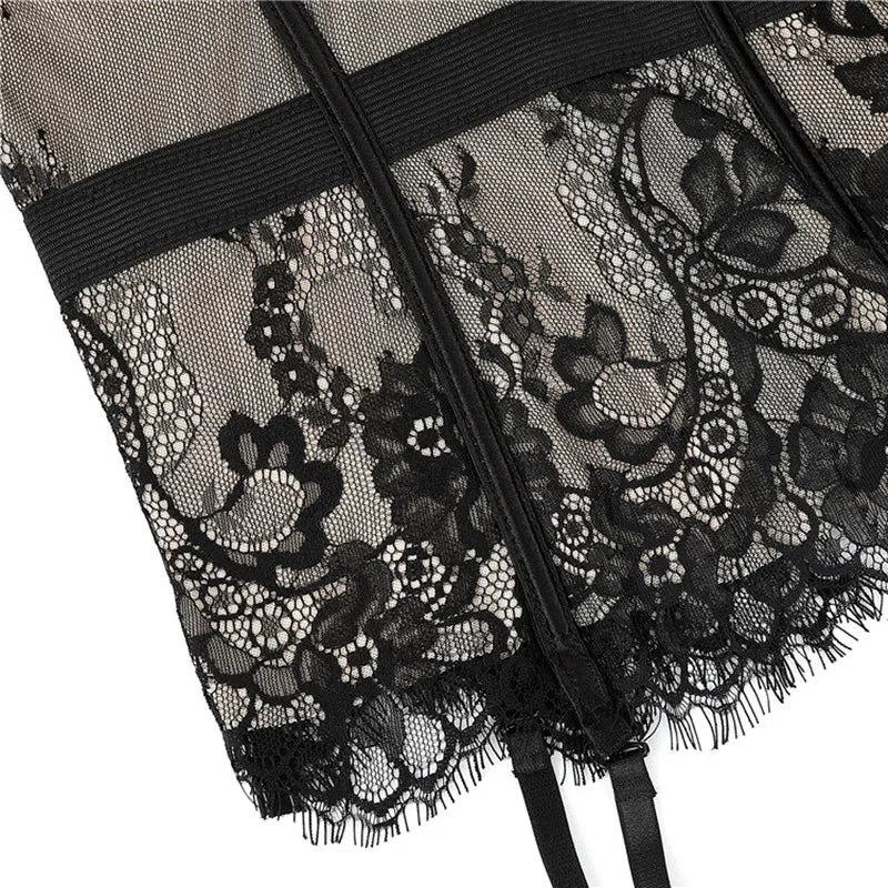 Black Floral Lace Sexy Lingerie Corset Push Up Bustier Straps Women Sleepwear Nightwear Chemise Underwear With Suspenders