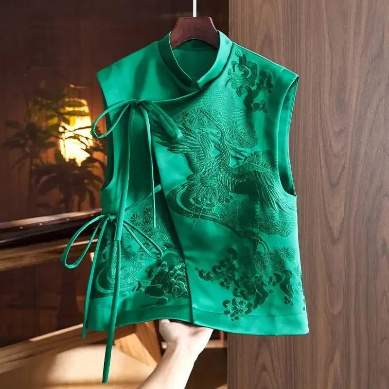 Chinese Style Top Women Tang Clothes Embroidery Phoenix Flower Qipao Lady Vest Vintage Clothing Casual Carnival Dress Up Party