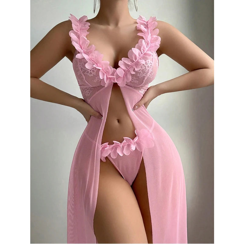 Sexy Women Nightgowns Pink Floral Sleepwear Summer Slip Night Dress Deep-V Lace Sleep Dress Mesh See Through Baby Doll Nightie