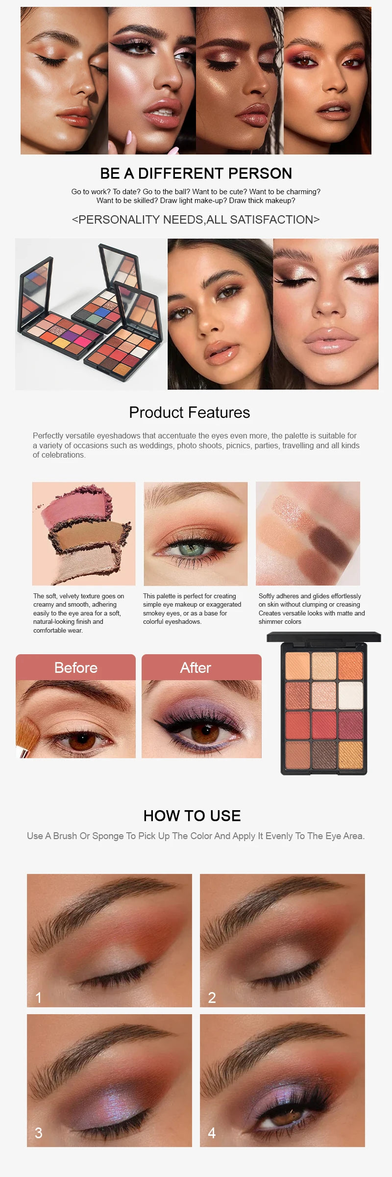 12-Color Eyeshadow Palette – Pearlescent, Matte, Fine Shimmer, Glitter, Earth Tones, Long Lasting Eye Shadows, High-Performance