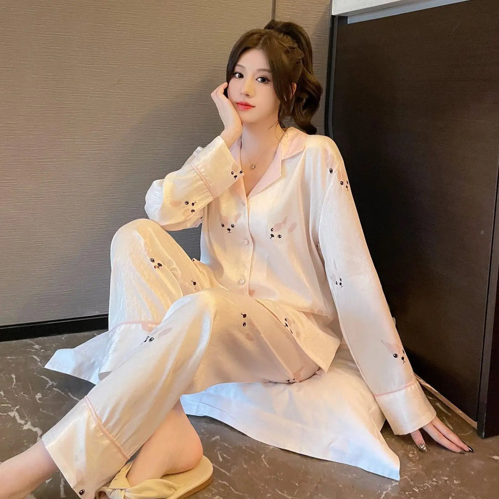 Maternity 2-Piece Set of Ice Silk Pajamas Comfortable Silk Long-Sleeved Trousers Herringbone Pattern Jacquard Silk Loungewear