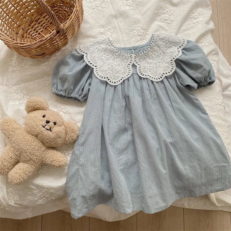 deer jonmi 2026 New Summer Baby Girls Princess Dresses Short Sleeve Korean Style Lace Collar Toddlers Kids Cotton Cute Dress