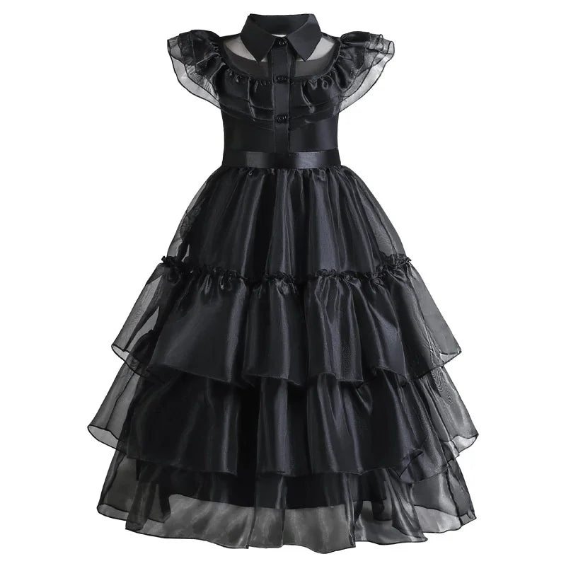 Wednesday Adams Cosplay Dresses 2025 New Girls Mesh Costume Vestidos Kids Carnival Easter Halloween Party Dress 4-12 Years