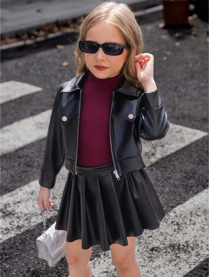 Children's Clothing for Girls, Spring and Autumn Stylish Pu Jacket and Versatile Short Skirt Two-Piece Set, New Fashion Street-Style Cool Half Skirt, Easy to Clean, New Versatile Pu Leather Outfit