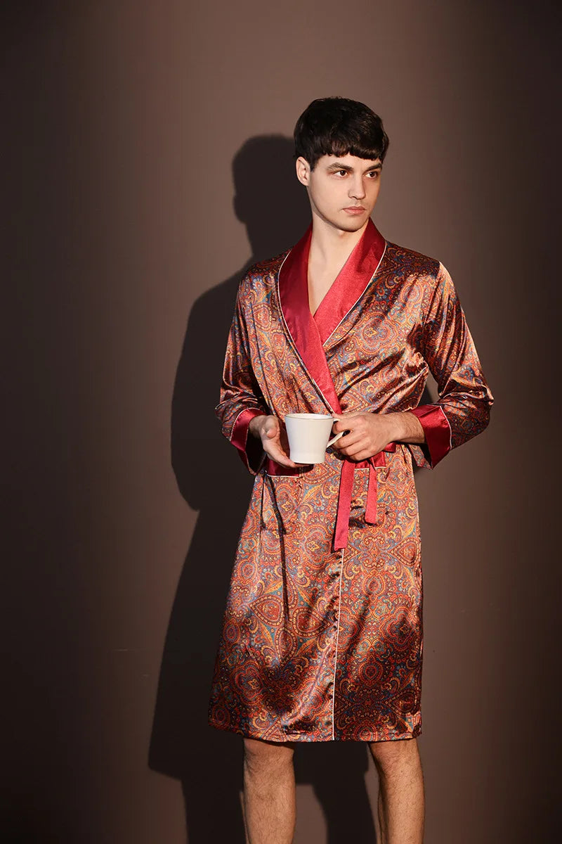 Pajama Men's Robe Kimono Gown Bathrobe with Pockets Print Sleepwear Home Clothing Spring Autumn Satin Nightwear Loose Loungewear