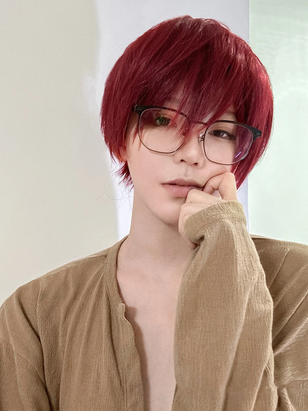 8Inch Wine Red Color Handsome Synthetic Wigs With Bangs Short Straight Hair For Man or Women Daily Use Cosplay Heat Resistant
