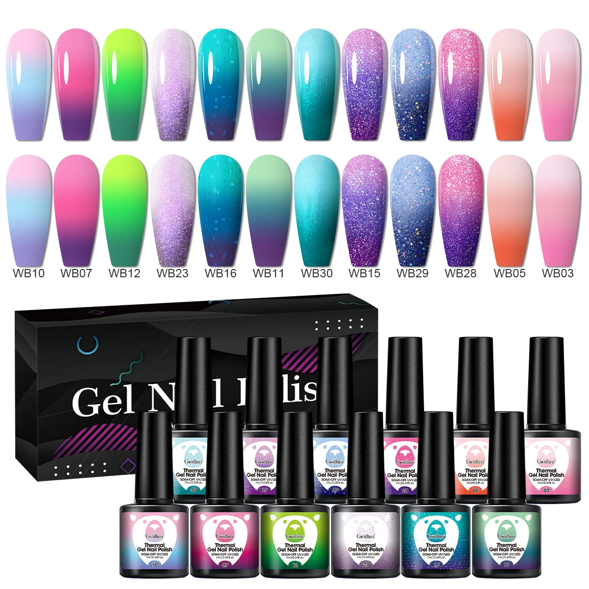 12-Piece Heat-Sensitive Nail Polish Set - Color-Changing, Glittery, Water-Absorbing Nail Polish for Hand and Nail Art, Long-Last