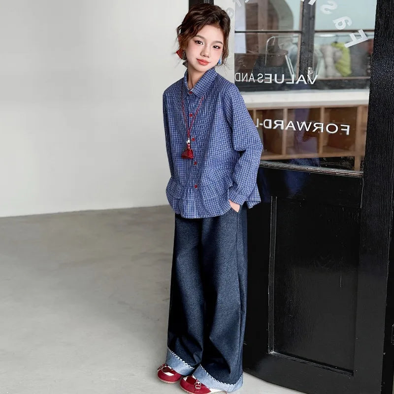 Girls Clothing Set Fashion Children Blue Plaid Loose Fit Sweet Doll Shirt +Cowboy Wide Leg Pants Two-piece Set Spring Autumn