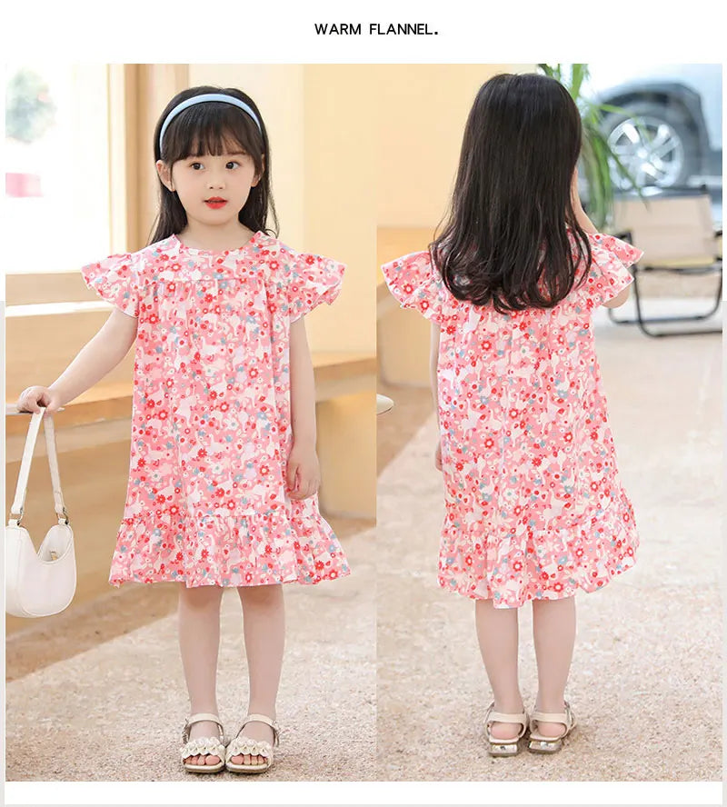 Girl Dresses100% Cotton Children's Clothing Summer Kids Clothes Girls Party Princess Fashion Outfit Flower Pattern Beach Dresses