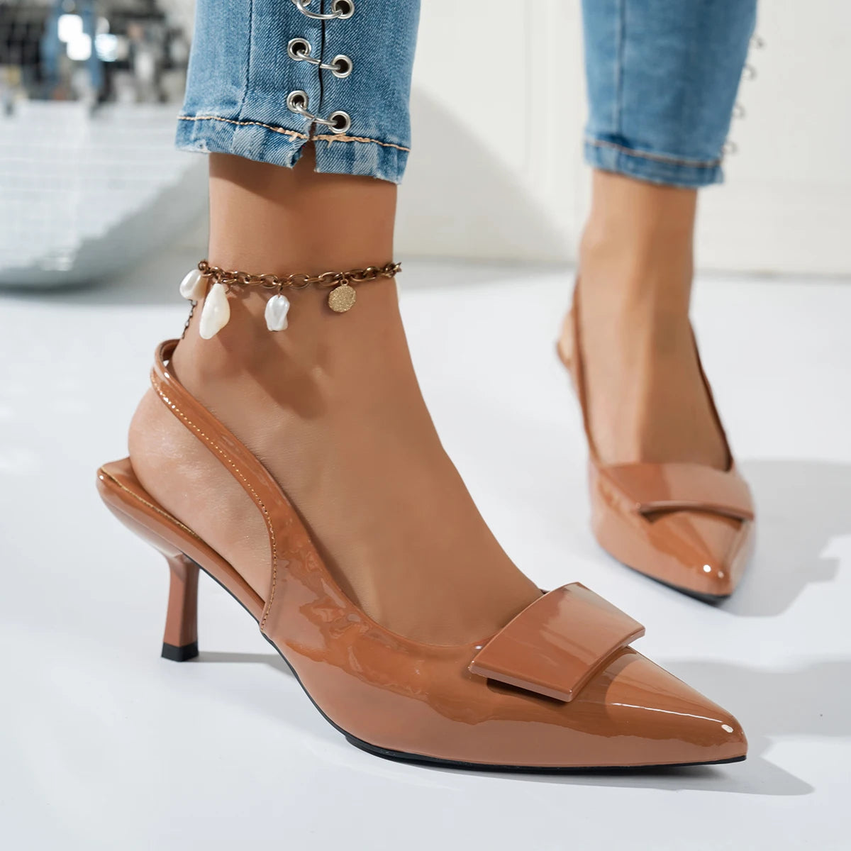 Elegant blue fashion hook-top pointed-toe ladies' high-heeled sandals. Summer style elegant hostess dress shoes. Formal shoes.