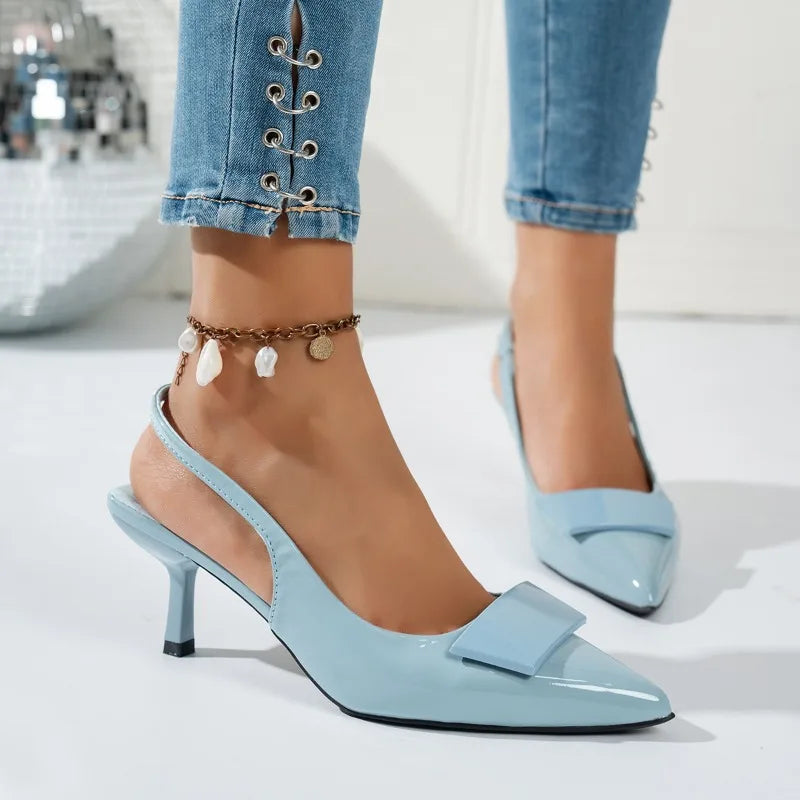 Elegant blue fashion hook-top pointed-toe ladies' high-heeled sandals. Summer style elegant hostess dress shoes. Formal shoes.