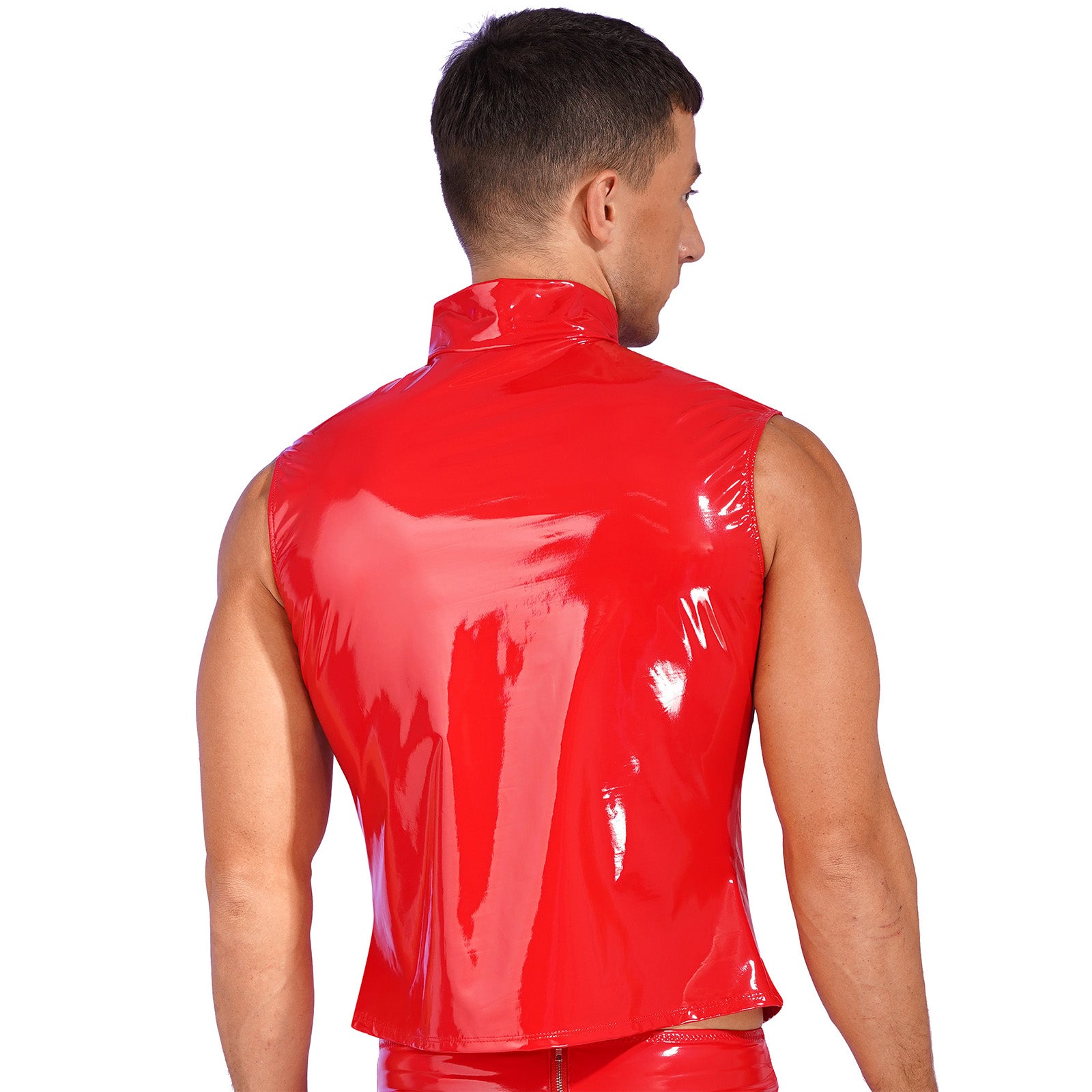 Mens Glossy Patent Leather Crop Tops Patent Leather Stand Collar Vest Top Clubwear Zipper Sleeveless Jacket Gothic Punk Clubwear