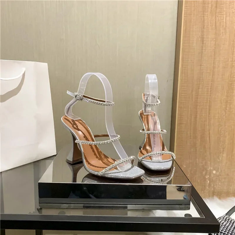 Women's Sandals  European and American Summer New High Heels Banquet Fashion Rhinestone Chain Open Toe Fine Heel Roman Sandals