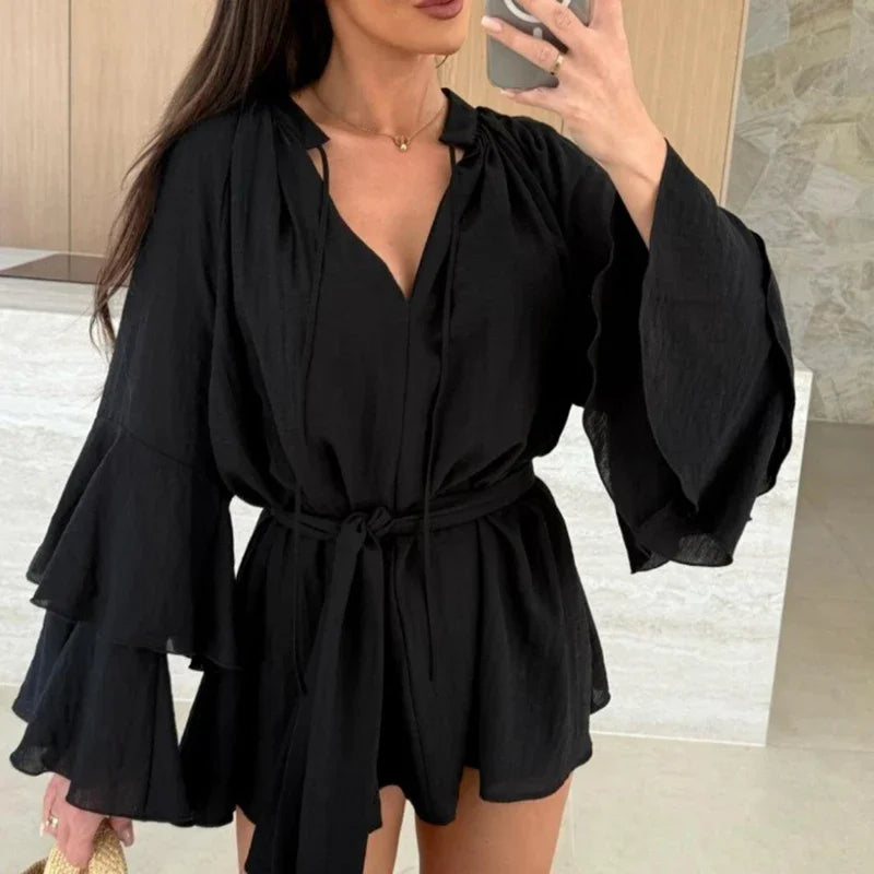 Spring Summer Ruffle Loose Mini Dress Casual Flare Sleeve Holiday Dresses Sexy Deep V-neck Lace Up Solid Women's Dress Vestidos