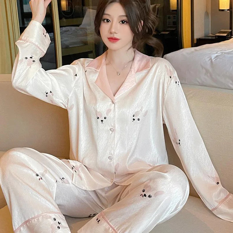 Maternity 2-Piece Set of Ice Silk Pajamas Comfortable Silk Long-Sleeved Trousers Herringbone Pattern Jacquard Silk Loungewear