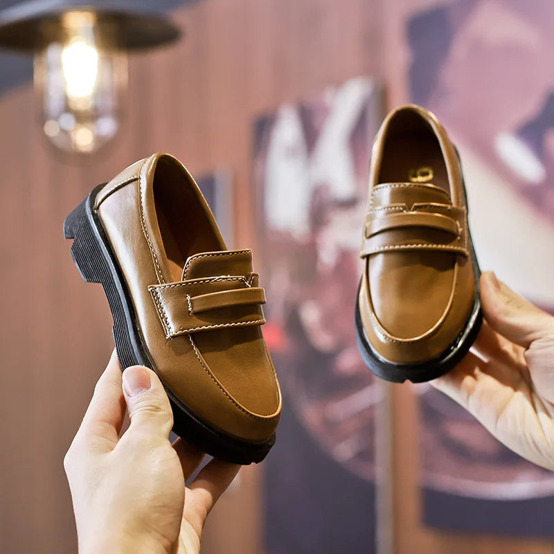 2025Kids Loafers Slip-on Pu Leather Shallow Black Brown Boys Girls Flat Shoes 21-36 Toddler Fashion Leisure Children Casual Shoe