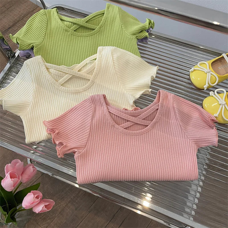 Girls T-Shirt Summer Children Short-Sleeved Casual Thin Soft Tops Simple Solid Color Kids Clothing 2-6 Years Baby Tees