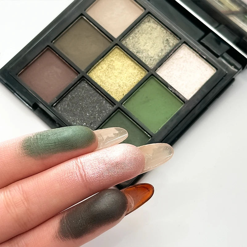 9 Color Eyeshadow Palette Olive Green Smoky Eye Look Pearlescent Shimmer Matte Eyeshadow Powder Makeup Palette Glitter Cosmetics