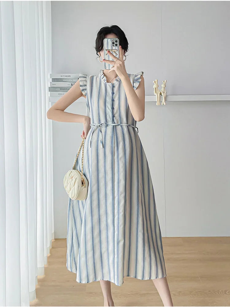 Maternity Clothes Spring Autumn Pregnancy Dresses Pregnant Women Lantern Sleeve High Waist V Neck  Clothing