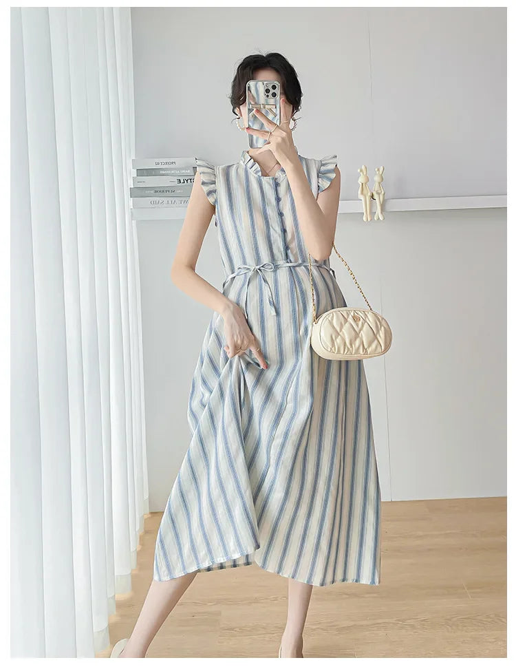 Maternity Clothes Spring Autumn Pregnancy Dresses Pregnant Women Lantern Sleeve High Waist V Neck  Clothing