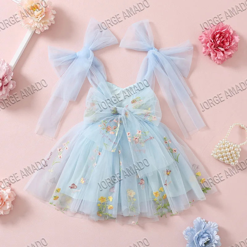 2026 Easter Kids Dress Girl Summer Dress Floral Bow Sleeveless Dance Performance Dress Girls Clothes E1236