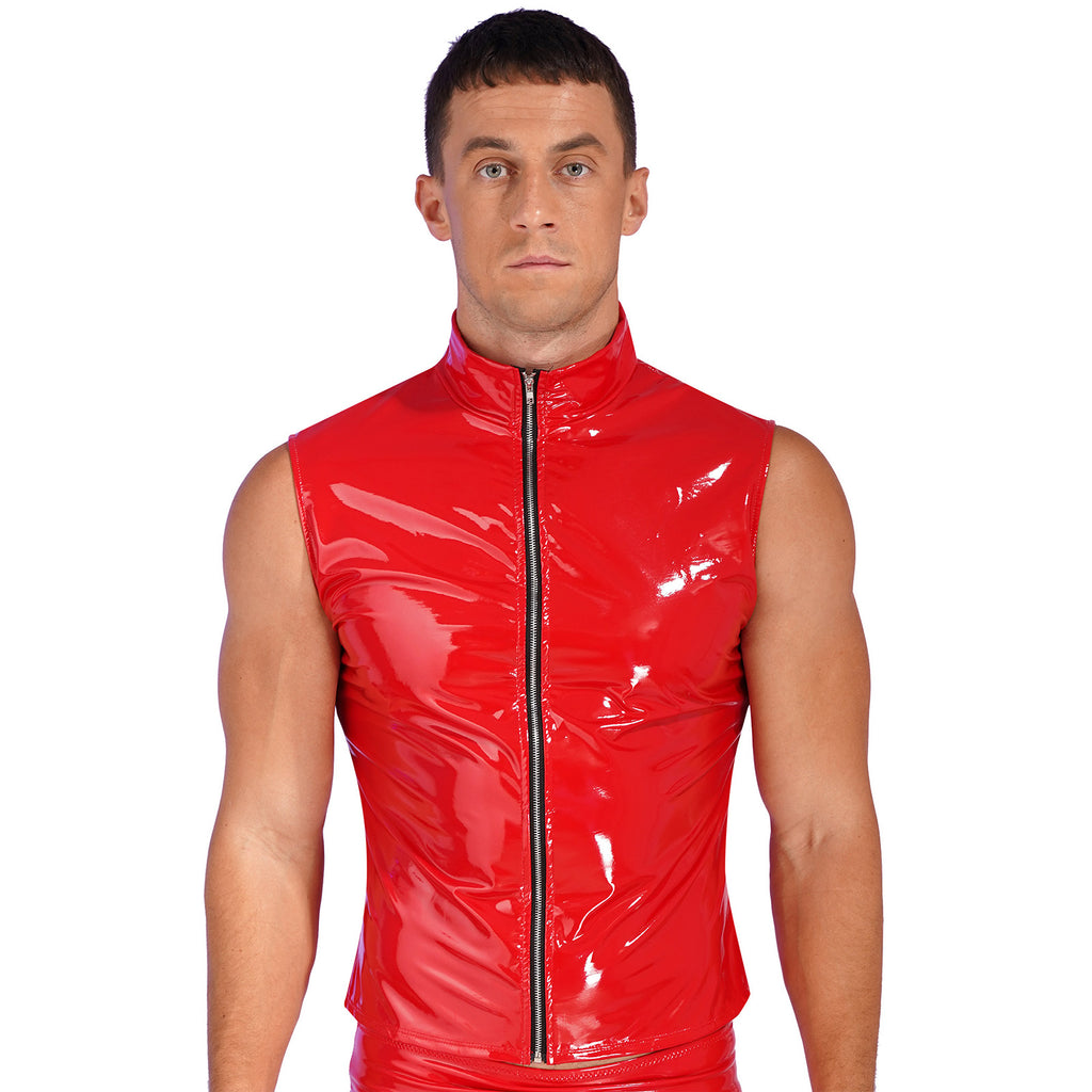 Mens Glossy Patent Leather Crop Tops Patent Leather Stand Collar Vest Top Clubwear Zipper Sleeveless Jacket Gothic Punk Clubwear
