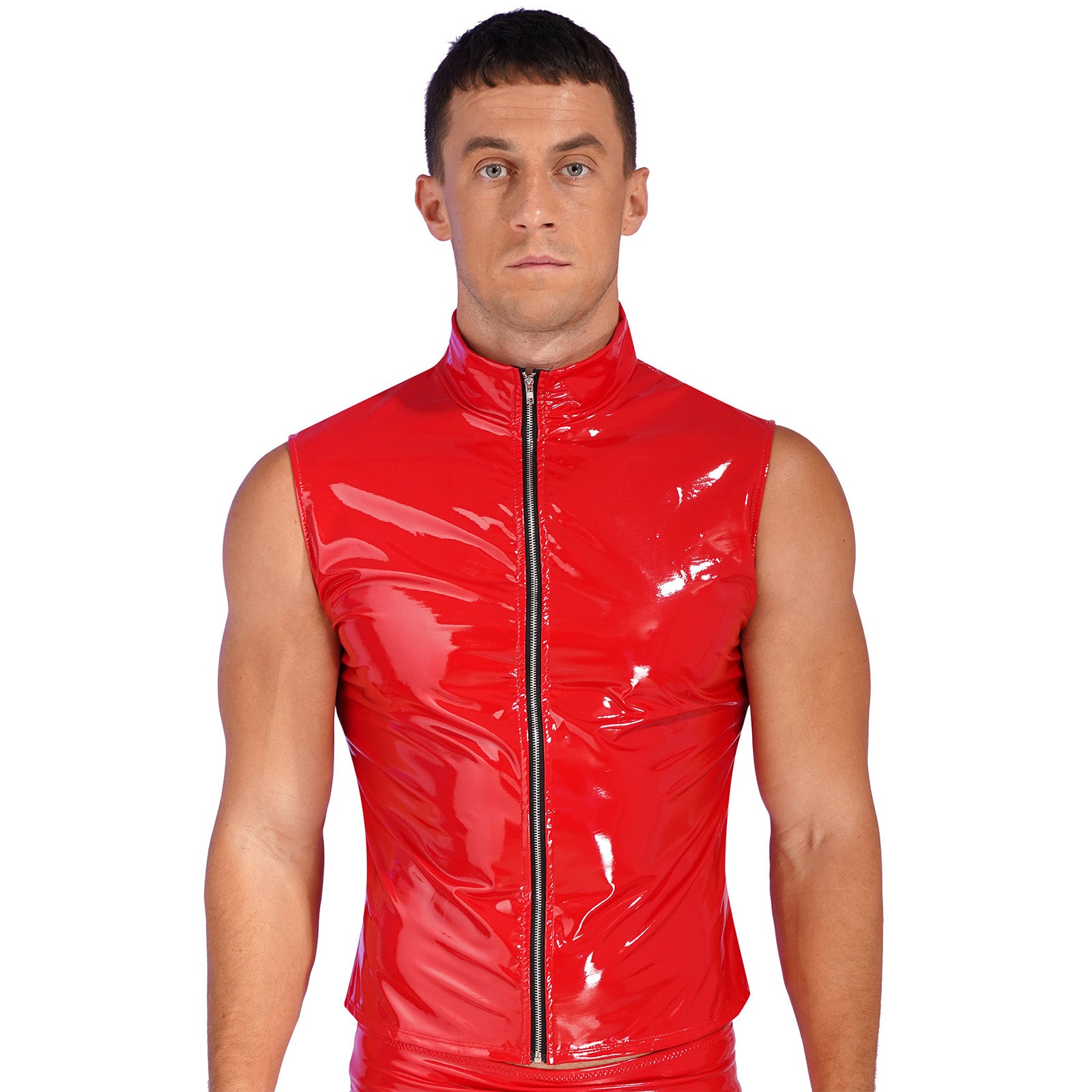 Mens Glossy Patent Leather Crop Tops Patent Leather Stand Collar Vest Top Clubwear Zipper Sleeveless Jacket Gothic Punk Clubwear