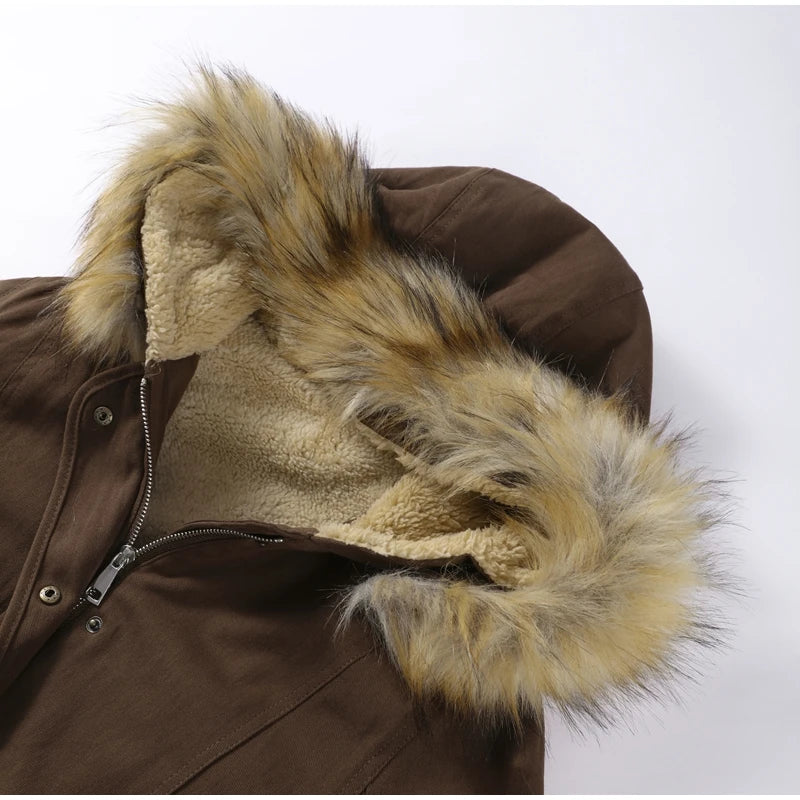 Chic Fur Collar Hooded Women's Cotton Jacket Solid Zipper Slim Waist Pocket Warm Thick Coat 2025 Autumn Winter Lady New Outwear